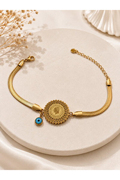 Archhazel Jewelery Gold Quarter Model Evil Eye Beaded Chain Steel Bracelet