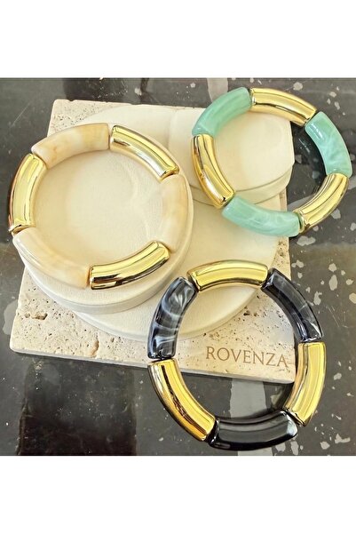 rovenza Kadın 3’lü Gold Renk Metal Detaylı Renkli Esnek Bileklik Seti