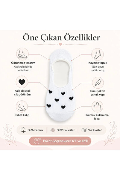 Genel Markalar Kadın Kalp Desenli Görünmez Ekonomik Babet Çorabı 6’lı ve 12’li Paket – Siyah, Beyaz ve Karışık Renk