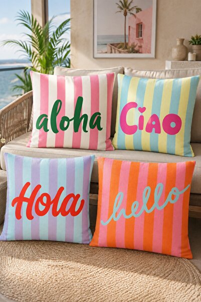 EVPANYA Hola, Aloha, Hello, Ciao Patterned 4-Piece Throw Pillow Cover Set