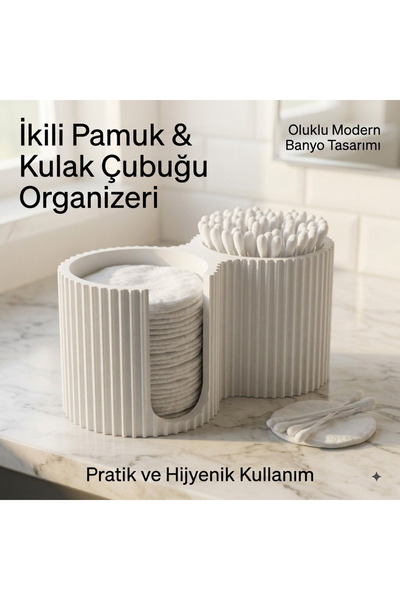 İkili Makyaj Pamuğu Ve Kulak Çubuğu Organizeri – Oluklu Tasarım Banyo & Makyaj Masası Düzenleyici