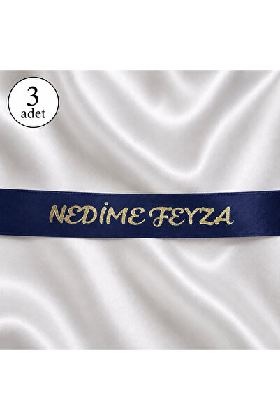 EvremStore 3 Adet Kişiye Özel Nedime Kurdelesi - Lacivert Üzeri Gold 50x3 cm