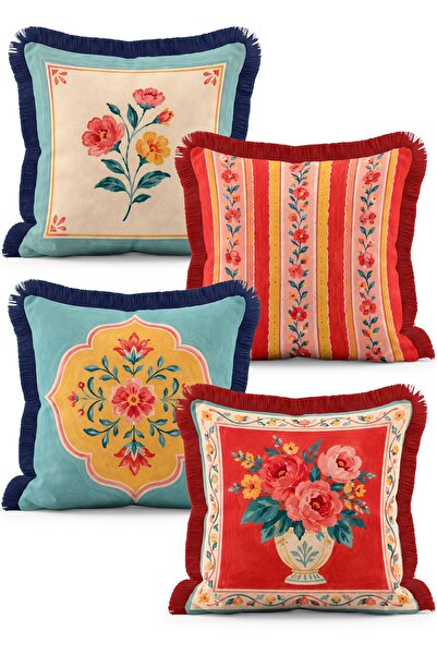 IdeCraft Vintage Floral and Vase Patterned Turquoise Red Striped 4-Piece Frin...