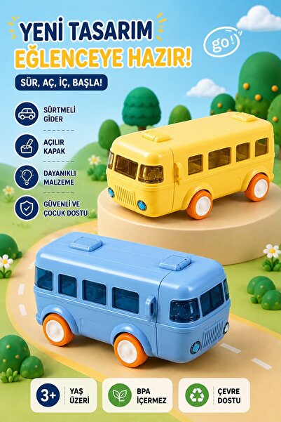 Kitchen Beauty Otobüs Tasarımlı Çocuk Suluk 500 Ml Pipetli Sızdırmaz Kapaklı Taşıma Askılı Matara