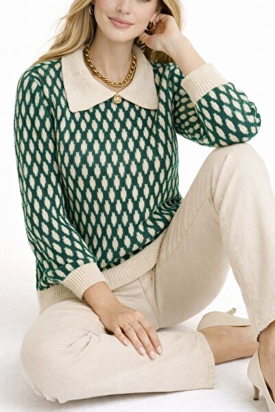 ZERELLE COLLECTİON Women's Green Cream Polo Collar Patterned Knit Sweater