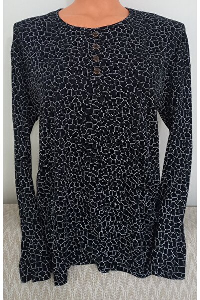 Anne Er Clothing Combed Cotton Blouse Long Sleeve Crew Neck Black Patterned