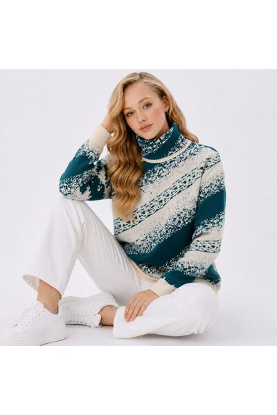 ZERELLE COLLECTİON Women's Turtleneck Knitwear Sweater Patterned Emerald Gree...