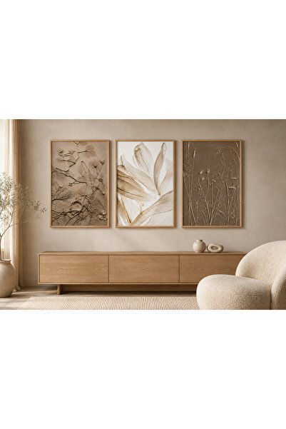 RDEKOR Toprak Tonları Botanik Yaprak ve Kır Çiçekleri Temalı Modern 3’lü Set ...