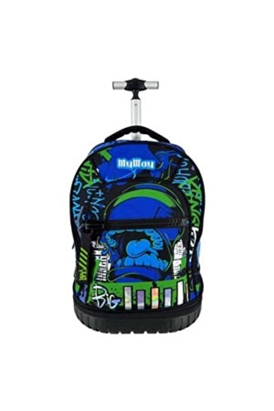 My Way Ghiozdan - Troller Scoala Negru Albastru Verde Fermoar Mare -