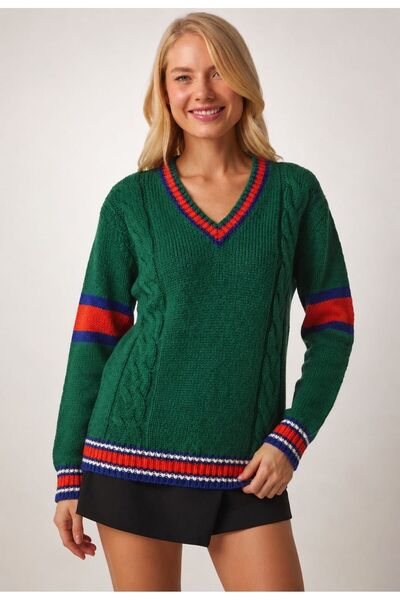 ZERELLE COLLECTİON Women's Green V-Neck Hair Braided Knitwear Sweater