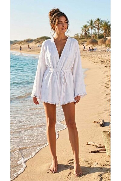 greymoda Γυναικεία ρόμπα κιμονό από μουσελίνα εκρού – Με ζώνη, λεπτομέρεια με...