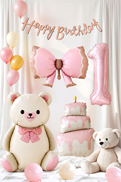 ÇETİN SÜS Pembe Ayıcık Temalı 1 Yaş Kız Doğum Günü Folyo Balon Seti
