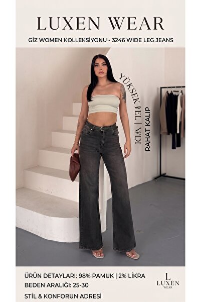 Luxen Wear Kadın Antrasit Yüksek Bel Geniş Paça Wide Leg Likralı Jean Pantolon 3246