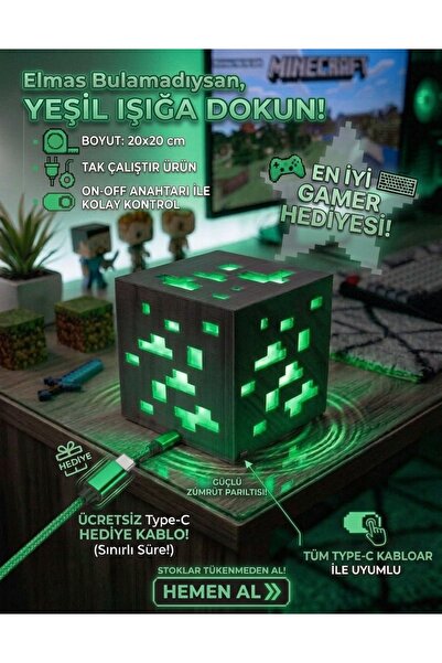 Minecraft Sevenler İçin Oyuncu Odası Dekoratif LED Lamba - En İyi Gamer Hediyesi (Type-C Kablo Hediyeli)