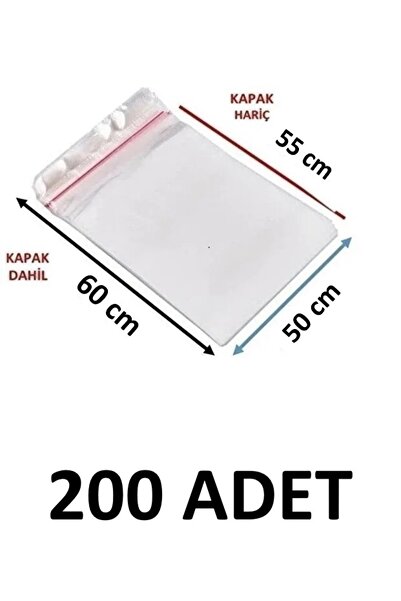 MTKardeşler 200 Pieces 50 X 55+5 cm Adhesive Transparent Glossy Opp Bags 50X6...