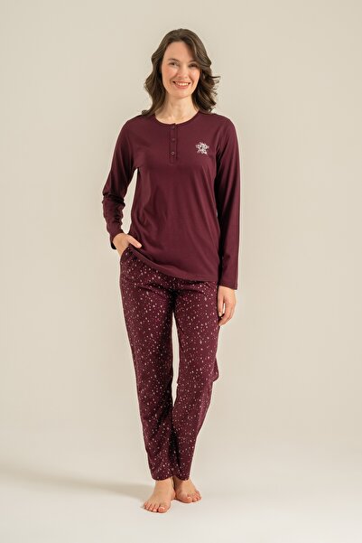 Arnetta Women'S, Button Detailed, Burgundy, Long Sleeve Pajama Set (with Sock...