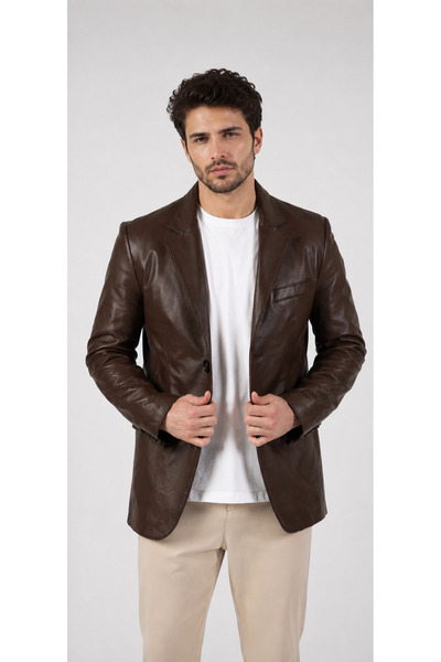 The Leather Craft Hakiki Deri Erkek Blazer Ceket Kahverengi Klasik Şık Tasarım