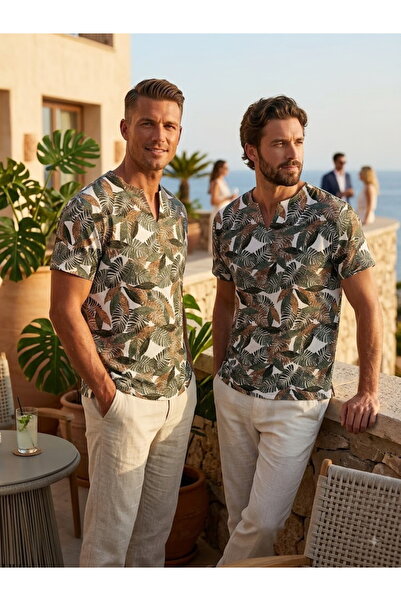 Exve Exclusive Tricou cu imprimeu cu frunze hawaiene, verde și alb, de vară, ...