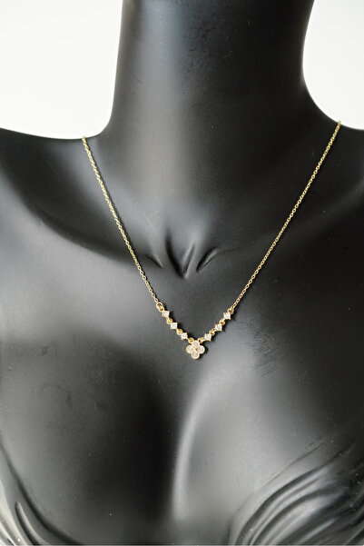 FASHION Zirkon Taşlı Minimal Tek Yonca 14K Altın Kaplama VIP Kolye