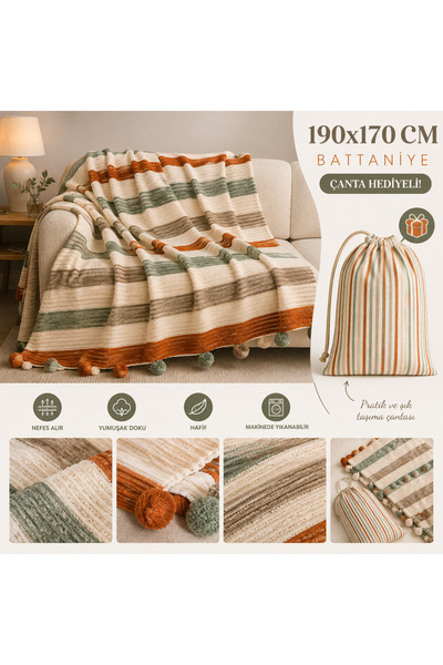 NINFA SOFT Yumuşacık Soft Ponponlu Battaniye