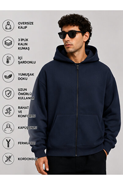 Deep sense Men's Hooded Zippered Oversize Sweatshirt Winter School Cardigan w...