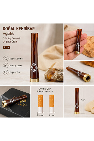 Han Tobacco Doğal Damla Kehribar Gümüş Desenli El Yapımı Ağızlık – 7 cm – 7.5/8 mm Uyumlu