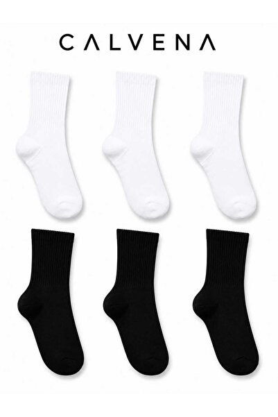 Calvena Unisex 6 Pairs Plain Black and White Cotton Woven Striped Short Tenni...