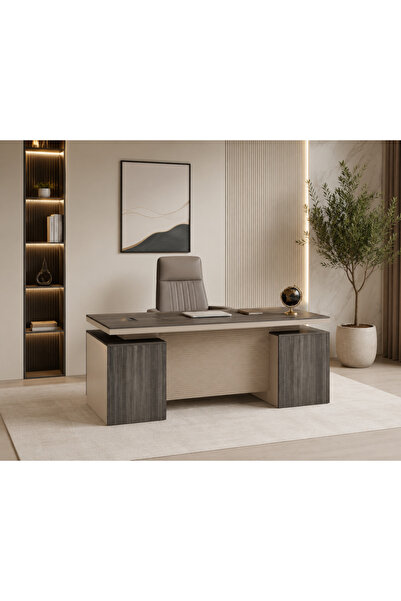 Palma homez مكتب تنفيذي خشب مهندس تصميم حديث 160×80×75 رمادي داكن مع بيج 3 أد...