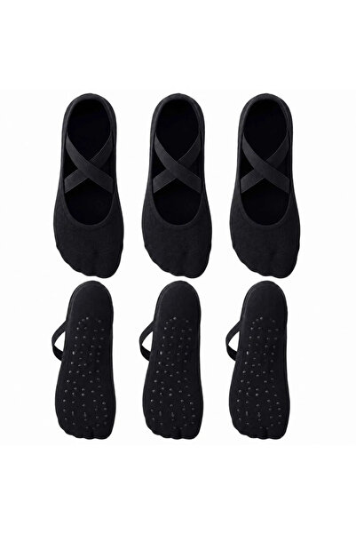 Berselya Underwear&Accessories Kaymaz Tabanlı 3'lü Kadın Balerin Tasarımlı Yoga Pilates Çorabı Çapraz Bantlı Spor Çorap Hac Umre Ço