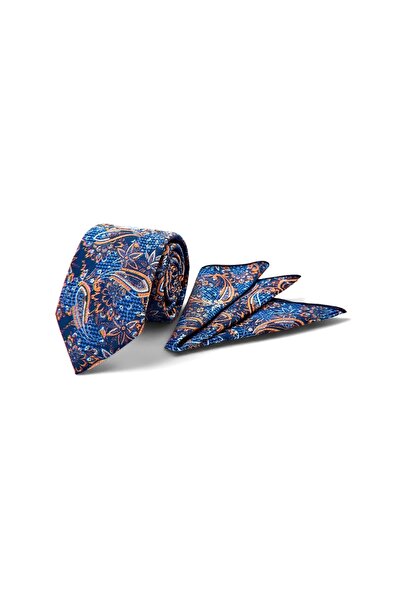 VENCHY Lacivert Oranj Paisley Desen Mendilli Kravat 9806-1MK
