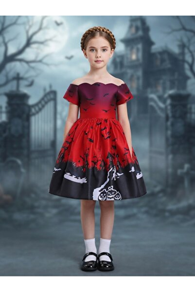 ddaniela Girls Halloween Print Off-Shoulder Costume Dress – Red & Black Witch...