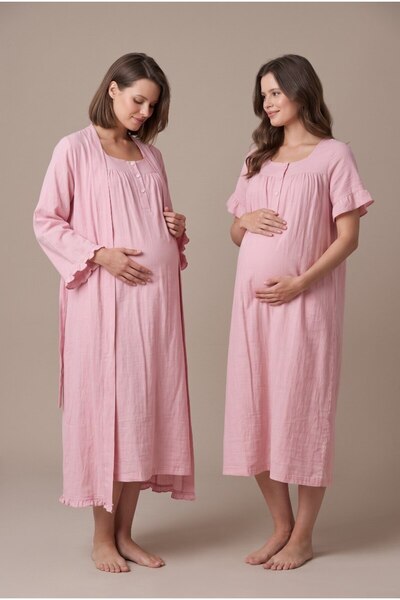 Pelin Women's Powder Muslin Cotton Fabric Short Sleeve Buttoned Maternity Nig...
