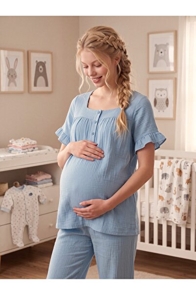 Lohusa Homewear New Season Indigo Muslin Fabric Buttoned Easy Breastfeeding D...