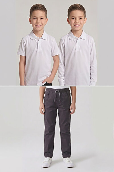 nacar çarşı Boys' School White Long and Short Sleeve Polo Collar T-Shirt Smok...