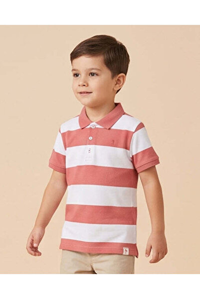 REDTAG Boys White & Coral Pink Striped Polo Shirt