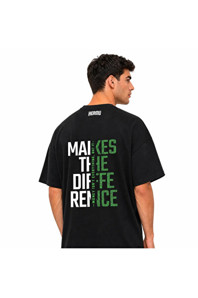hermu Siyah Make The Difference Sırt Baskılı Oversize %100 Pamuk Bisiklet Yak...