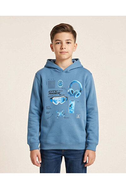 REDTAG Senior Boy Blue Graphic Hooded Sweatshirt