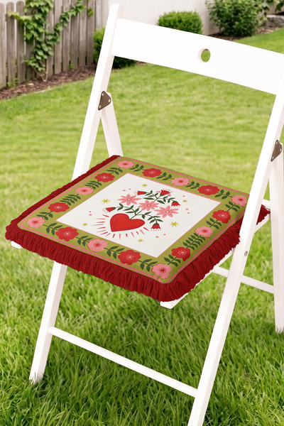 Realhomes Heart and Floral Folk Patterned Fringed Zippered Chair Cushion - Tu...