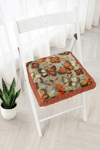 Realhomes Butterfly and Floral Embroidery Look Fringed Zippered Chair Cushion...