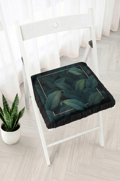 Realhomes Tropical Leaf Patterned Fringed Zippered Chair Cushion - Tufted Kit...