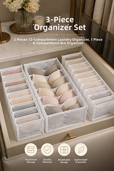 Çınar Ev Tekstil 3-Piece Closet Organizer Set – 2 Pieces of 12-Compartment La...