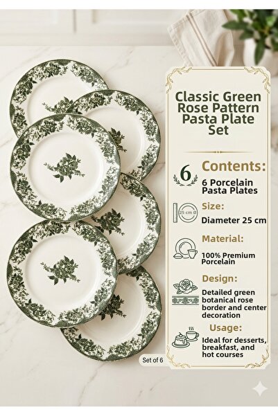 porselen Classic Green Rose Patterned Cake Plate Set - 25 cm (6 Pieces)