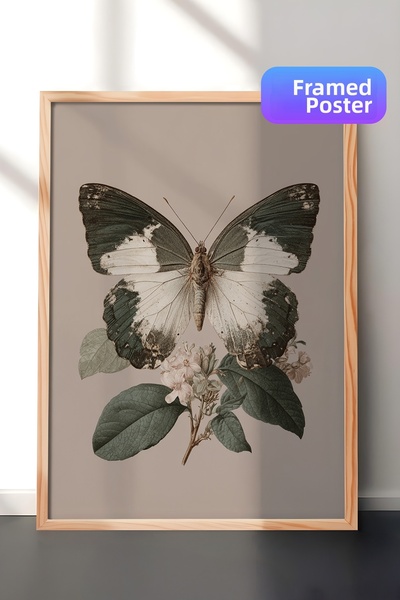 Zestia Pictură murală vintage, detaliu fluture și frunze, înrămată în lemn Nr...