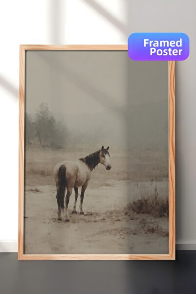Zestia Vintage Wall Art Painting, Lone Horse in the Fog with Wooden Frame No:...