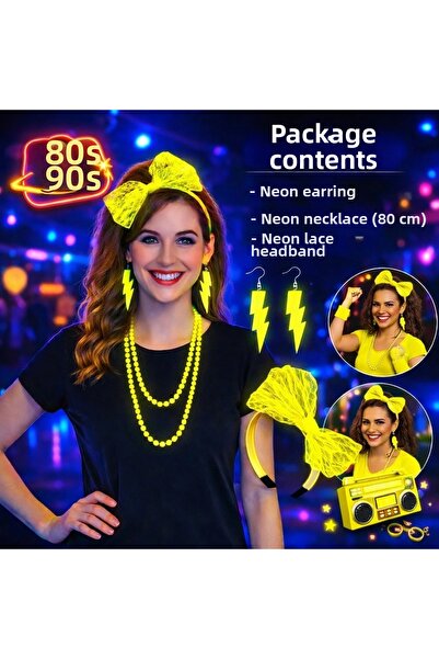 Generic Brand 80S 90S Neon Yellow Party Set – Necklace Earrings Crown