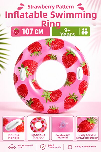 YILDIRIM OYUNCAK Strawberry Patterned Inflatable Swim Ring with Double Handle...