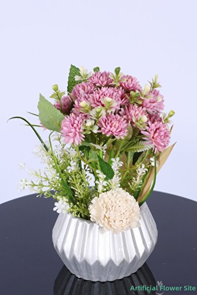 Yapay Çiçek Sitesi Artificial Bud Chrysanthemum Arrangement in Silver Concret...
