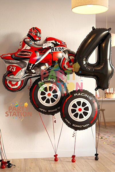 Parti Station Motorcycle Themed 1 Year Old Foil Balloon Set 4 Piece Motorcycl...