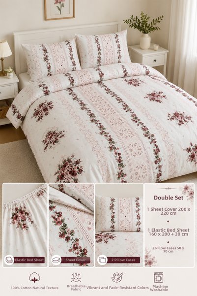 KIRLENT TEKSTİL Cross-Stitch Rose Double Elastic Sheet Bedding Set 4 Pieces 2...