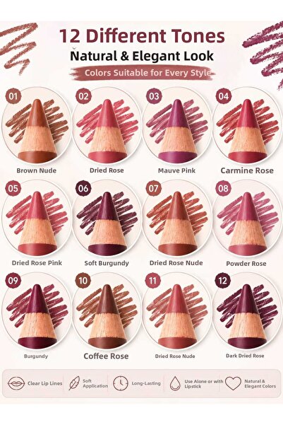 VitaMood Yaşam 12-Piece Professional Lip Liner Set: Nude, Pink, Rose, Dusty R...